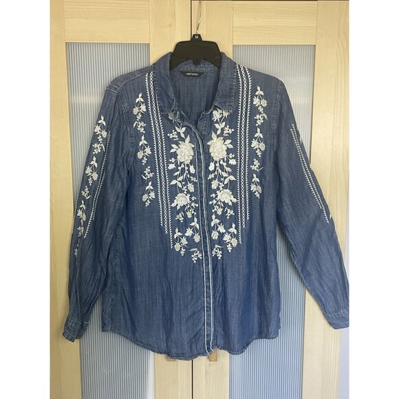 Sundance Driftwood Blue Embroidered Blouse Sz S Top Boho Western Peasant Casual - Picture 1 of 7